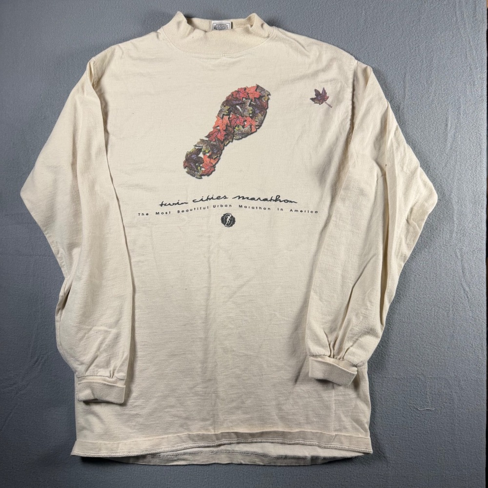 Vintage Twin Cities Marathon Mock Neck Shirt Mens Medium Tan Fruit of the Loom